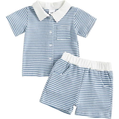 fhutpw Baby Toddler Boy Clothes Striped Button Down Shirt Tops + Elastic Waist Shorts Infant Boys Summer Outfits 2PCS Sets