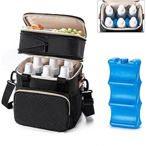 Breastmilk Cooler Bag with Ice Pack Fits 6 Baby Bottles Up to 9 Ounce, Expandable Double-layer Leak-Proof Cooler Bag with Shoulder Strap for Nursing & Working Mom, Black