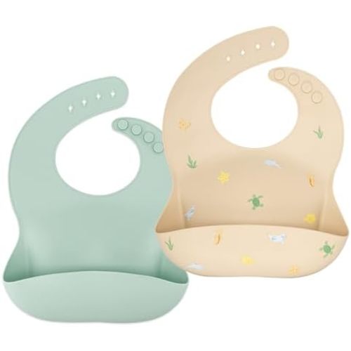 AVA + OLIVER Waterproof Silicone Bib Set with Adjustable Neck Closure - Durable Silicone Bibs for Babies - Set of 2