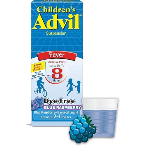 Children’s Advil Suspension (4 fl. oz, Blue Raspberry-Flavored), 100mg Ibuprofen Fever Reducer/Pain Reliever, Liquid Pain Medicine, Ages 2 –11