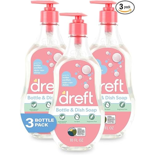 DREFT Bottle and Dish Soap | Made to Clean Baby Bottles, Sippy Cups, Pacifiers, Breast Pumps, & More | Gently Removes Milk Film & Odors | Plant Based, Fragrance Free Dish Soap | 18 Fl Oz (Pack of 3)