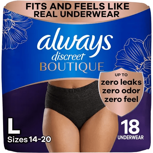 Always Discreet Boutique Incontinence and Postpartum Underwear for Women, Maximum Protection, Large, Black, 18 Count