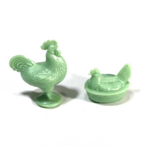 Dollhouse Miniature Rooster and Nesting Hen in Green Jadeite by Chrysnbon Miniatures