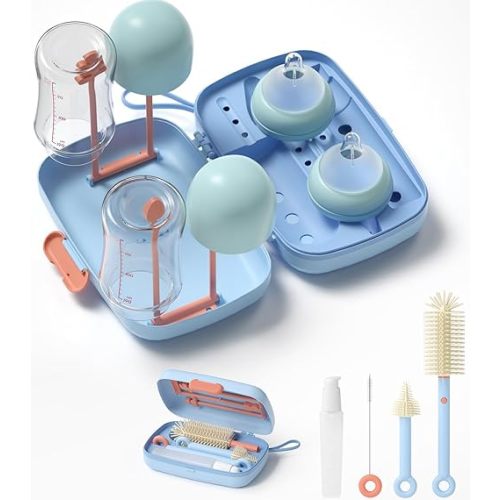 7in1 Travel Bottle Cleaner kit with Baby Bottle Brush and Bottle Drying Rack,Swift Cleaning, Easy Portability(Blue)