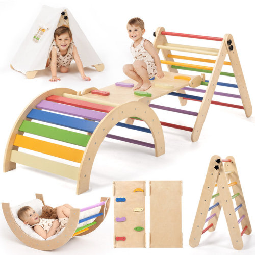 Kimbosmart Pikler Triangle Set With Tent & Cushion, Montessori Climbing Set, Wooden Climbing Toys, With Arch, Ramp, Ladder, Indoor Jungle Gym For Toddlers | Wayfair