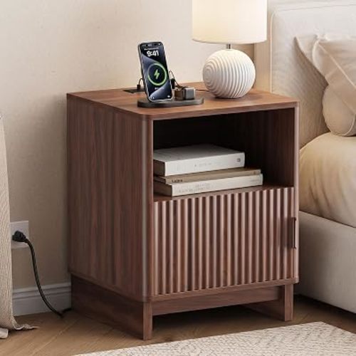 Fluted Nightstand with Charging Station, Walnut