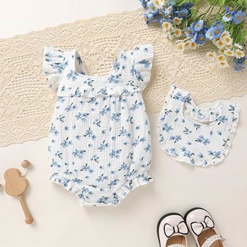 Amazon.com: YOUNGER TREE Baby Girl Romper 100% Cotton Ruffle Sleeveless Summer Outfit with Accessory Soft Infant Clothes for Daily Wear (White and blue flowers, 0-3 Months): Clothing, Shoes & Jewelry