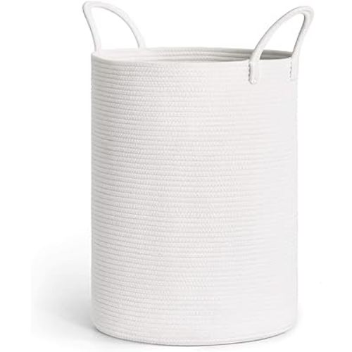 Goodpick Large Baby Laundry Basket, Woven Nursery Hamper for Clothes, Blankets, Toys, Towels, Decorative White Storage Baskets for Nursery, Living Room, Bedroom, 15 x 20 inches, 58L