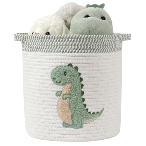 Dinosaur Toy Storage Basket for Toddlers Boys Dinosaur Room Decor, Medium | Cotton Rope Baby Hamper with Dinosaur Embroidery Toys Storage Organizer for Stuffed Animals, Books, Blankets 12" x 12"