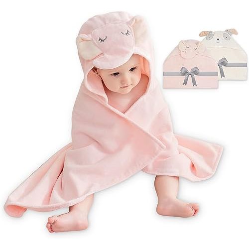 Viviland 2 Pack Hooded Baby Towels, Soft 100% Cotton Baby Bath Towels with Hood, Extra Thick and Absorbent, Essential for Newborns, Kids, Infants - Girls and Boys (Pink Elephant & Dog)