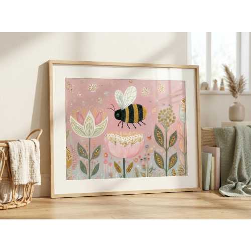 Whimsical Bumble Bee Wall Art – Pastel Floral Nursery Print, Blush and Green Boho Kids Room Decor, (Physical Mailed Print)