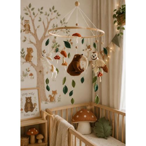 Woodland Baby Mobile, Forest Mushroom Mobile, Neutral Nursery Decor, Bear Deer Owl Mobile, Baby Shower Gift