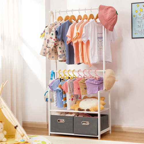 Enogets Bamboo Closet Organizer, Freestanding Clothing Rack with Adjustable Hanging Rods & 2 Storage Baskets for Children's Bedroom