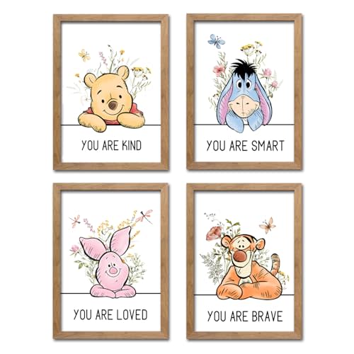 Cute Winnie the Pooh Quote Framed Wall Art Set of 4, Boho Educational You are Brave Strong Smart Kind Wooden Saying Sign for Baby Girl Kid Boy Toddlers, Preschool Inspirational Nursery Wall Decor