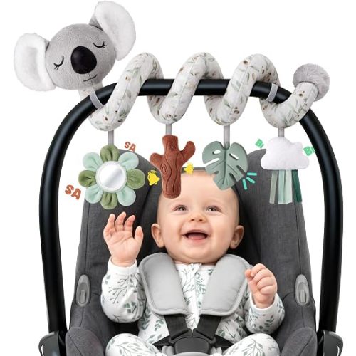 Stuffed Aesthetic Koala Spiral Car Seat Toys for Babies, Gender Neutral Infant Stroller Toy with Teether Hanging, Baby Registry Search Must Haves 0-6 Months
