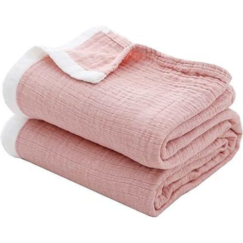 SE SOFTEXLY Muslin Throw Blanket, 4-Layer Dyed Yarn, 50”x60”, Coral Pink