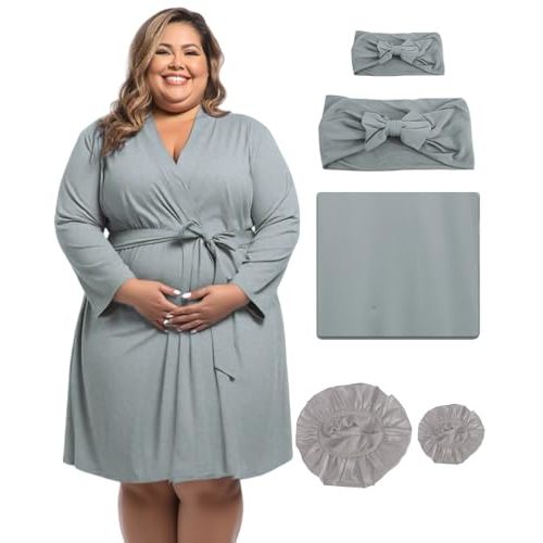 SUFEINI Maternity Robe and Matching Swaddle Blanket Set, Plus Size Women Postpartum Robes Sleepwear New Mommy Gift