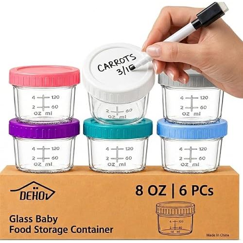 Dehov 6-Piece Glass Baby Food Containers with Lids,8 OZ Small Glass Freezer Safe Baby Food Storage Jars,Leak Proof Baby Food Grade Puree Containers