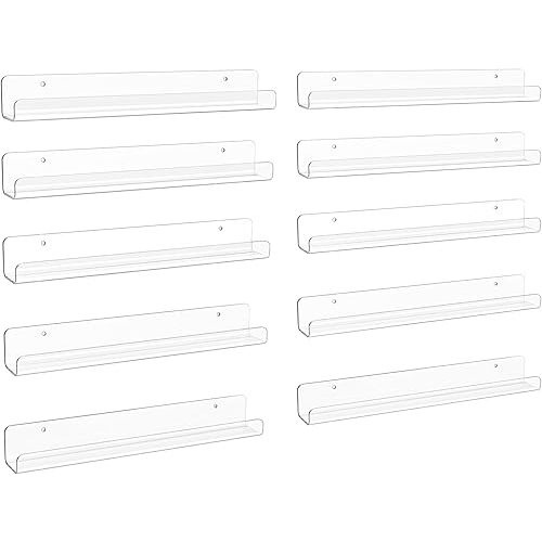 upsimples 10 Pack Clear Acrylic Shelves, 12" Nursery Bookshelves, Small Floating Bookshelf for Kids Baby, Vinyl Wall Mount, Record Holder, Magazine Rack, Comic Display, Picture Ledge Shelf Décor