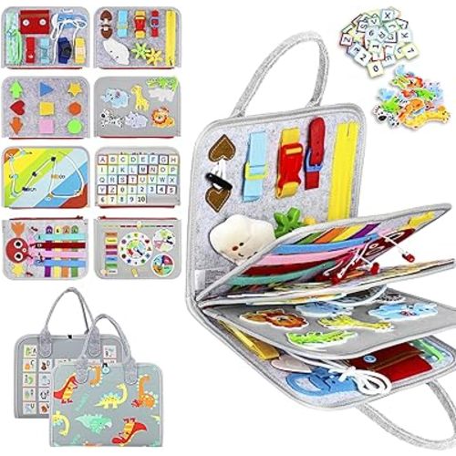 Esjay Busy Board for Toddlers, Montessori Toys for Boys Girls, Busy Book Sensory Board Learning Toys for Fine Motor Skills, Birthday Gifts Boys Girls Toddler, Travel Activities Toys for Airplane Car