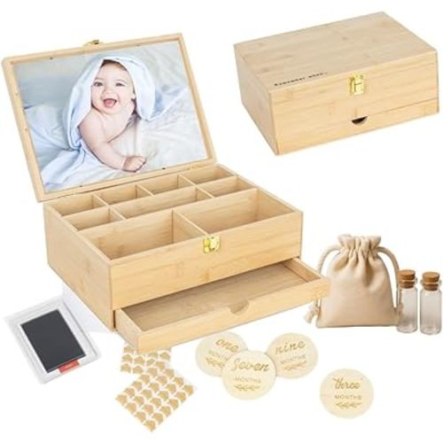 Baby Keepsake Box with 5 Additional Memory Items – Bamboo Memory Box for Baby Girls & Boys – Handprint Kit, Milestone Discs, Photo Corners, Glass Vials, Burlap Bag