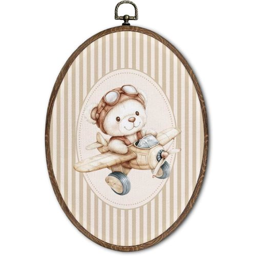 FLAWAFLOMA Vintage Bear Nursery Oval Wall Art Decor, Kids Room Canvas Wall Art Framed, Bear Pilot Hanging Decorations for Kids Toddler Boy Girl Nursery Room Playroom Bedroom Decor, 8.6x11.4 Inch