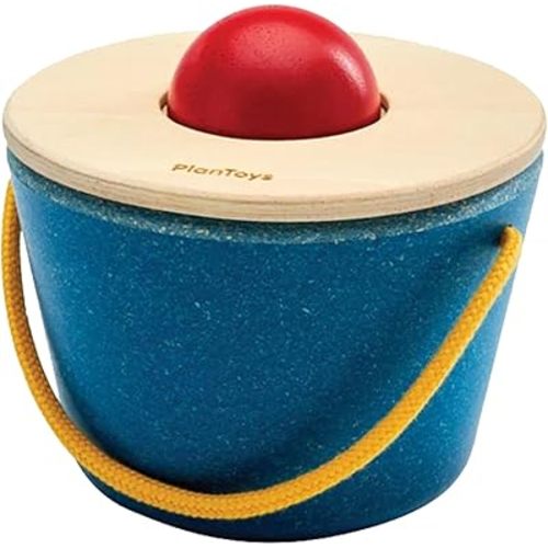 PlanToys® Pop 'N' Drop Bucket | Wooden Object Permanence Toy for Babies 6M+ | Montessori Interactive Ball Dropping Toy with Lid | Develops Hand-Eye Coordination, Motor Skills & Cause-&-Effect Learning