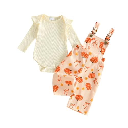 Newborn Baby Girl Fall Outfits Infant Rompers Overalls Pants Set | Western Clothes, Country Clothing, Floral Overalls, Rib Long Sleeve Jumpsuit, Fall Winter 2Pcs Outfit Sets 3 6 9 12 18 Months
