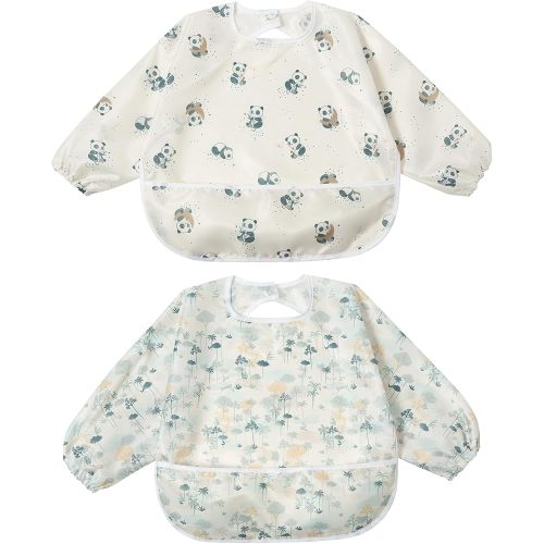 Little Dimsum Baby Bib with Pocket Waterproof Toddler Bibs Infant Feeding Bibs for Boys and Girls, Pack of 2 Colors