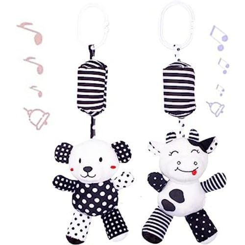 Baby Car Seat Toys, Black White Stroller Toy, Hanging Rattle Toys for Crib Mobile, Newborn Sensory Toy for 0-12 Months (Calf/Panda)