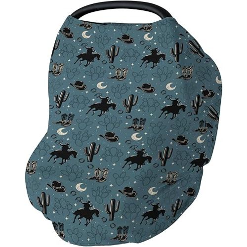 Vintage Western Cowboy Baby Car Seat Covers Navy Cowboys Boots Hat Horse Cactus Moon Stretchy 5-in-1 Cover Adjustable Infant Carseat Canopy Cover Wild West Desert Breathable Nursing Cover-Up
