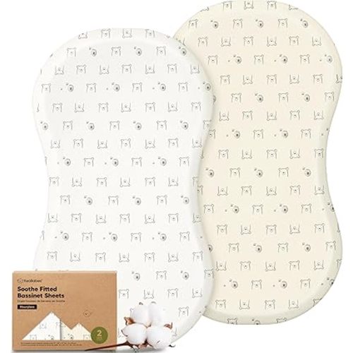 2-Pack Organic Bassinet Sheets for Boys, Girls - 100% Cotton Baby Bassinet Mattress Sheets Compatible with Halo Bassinest Swivel Sleeper, Hourglass 30"x18", Soft & Breathable (Bumble Bear)