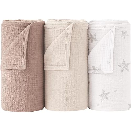 Bearmoss Muslin Swaddle Blankets, 40 x 38 inches Baby Swaddle for Boys and Girls, Soft Baby Blanket, 3 Pack Breathable Nursery Receiving Blankets (Beige Star)