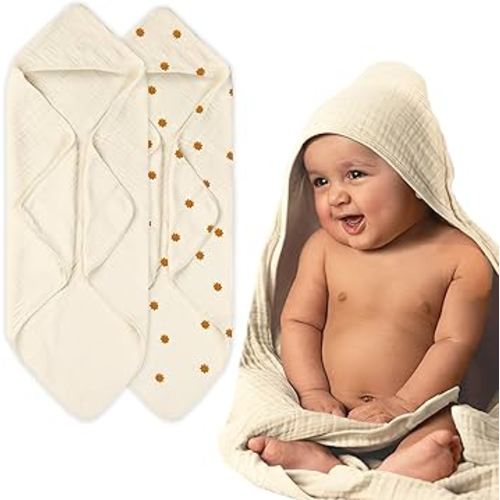Hands-Free Hooded Towel - 100% Organic Premium Muslin Cotton, 30" x 30", Ultra-Absorbent, Soft, Breathable, Hypoallergenic, Multipurpose, Gifts for Babies & Infants, Pack of 2