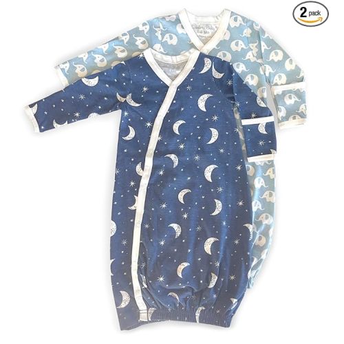 Cambria Baby 100% Organic Kimono Gowns. Side Snaps with Built in Mitts. (Blue Moon and Elephant, 0-6 Months), Boy