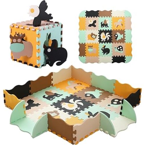 Foam Play Mat for Kids，25Pcs Square Interlocking Puzzle Floor Mat，Baby Play Mat Floor Mat Foam Puzzle Playmat for Toddlers with Fence（Animal-CSH005