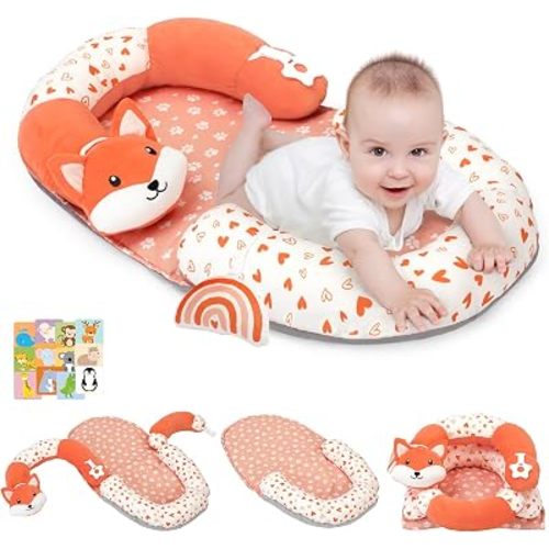 4 in 1 Tummy Time Mat with Educational Cards, Play Mat & Sitting Support for Newborn 0-12 Months, Infant Baby Sit Me Up Floor Seat, Sensory Skills Gifts, Fox
