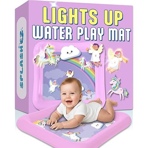 SplashEZ Lights Up Tummy Time Water Mat for Babies, Large Baby Water Mat Tummy Time for Sensory Play with LED Glowing Fishes, Inflatable Fun Play Pad for Infants & Toddlers 3 to 36 mo