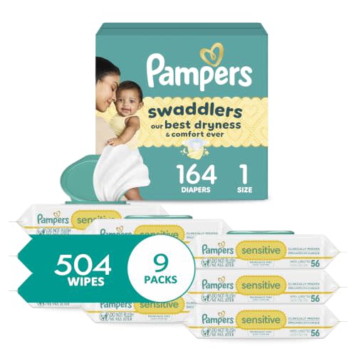 Pampers Swaddlers Diapers, Size 1 (8-14 lbs), 164 Count, Disposable Newborn Baby Diaper + Sensitive Baby Wipes 504 Wipes Total (6X Flip-Top Packs) [Packaging May Vary]