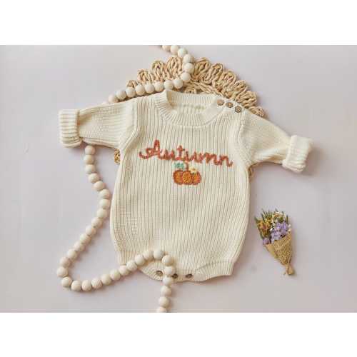 Newborn Coming Home Custom Outfit, Infant Baby Personalized Hand Embroidered Knit Sweater Romper, Newborn Embroidered Name Pumpkin Sweater