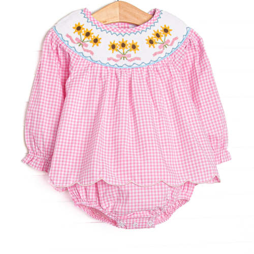 Here Comes the Sunflower Smocked Skirted Bubble, Pink – Stitchy Fish