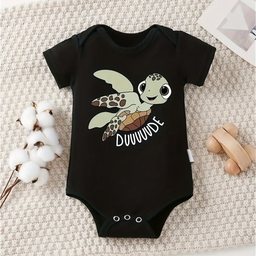 Adorable Youngsters' Cotton Romper with Fun Turtle Design & "DUUUUUUUUU" Lettering - Short Sleeve, Machine Washable, Perfect for Spring/Summer, Perfect for Outdoor