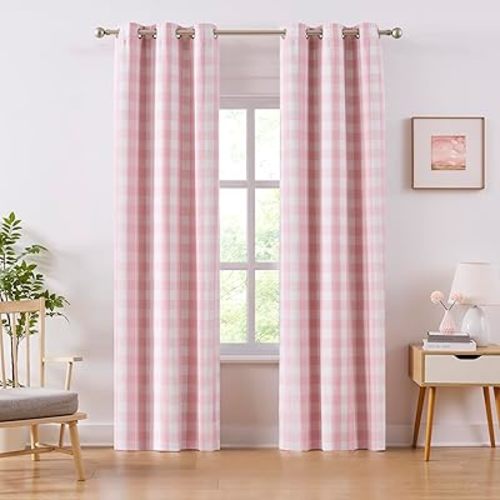 Amzdecor Pink White Buffalo Plaid Full Blackout Curtains 84 Inch for Girls Room Bedroom Nursery Living Room Farmhouse Check Drapes Thermal Insulated Soundproof Grommet Window Treatment,2Panels,40"x84"