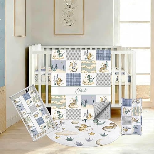 Personalized Baby Boy Crib Bedding Set, Custom Name Flying Dragon Nursery Bedding, 3 Piece Set with Dotted Minky Blanket, Fitted Crib Sheet and Changing Pad Cover for Newborns and Toddlers