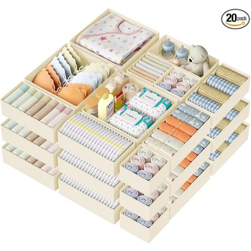 DIMJ Drawer Organizer Clothes 20 Pack - Foldable Baby Organizers and Storage & Dresser Organizer for Bedroom, Closet - Nursery Organization Dresser Dividers for underwear, Sock,Bra, Belt, Tie, Beige