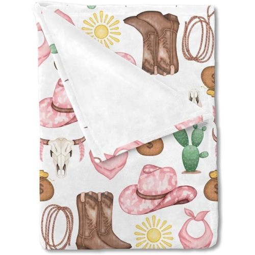 Baby Western Cowgirl Pink Blankets for Girl Desert Cowboy Hat Boot Sun Cactus Swaddle Blankets Soft Receiving Blanket Newborn Nursery Stroller Crib Bedding Blanket Infant Unisex 30x40