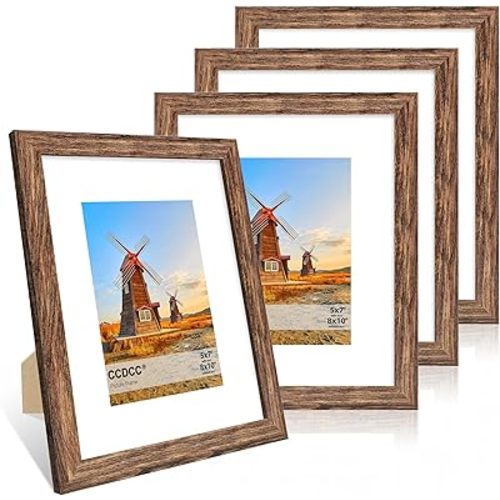 8x10 Picture Frame Set of 4, 8 x 10 Wood Photo Frames with Mat for 5x7, Natural Wooden Frame with Real Glass Cover for Wall and Tabletop Display,Rustic Brown