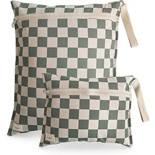 mushie Water Resistant Wet Bags | Large & Small Reusable Storage Bag for Baby Items and Travel | Zippered Pockets with Handle | Machine Washable, Set of 2 (Olive Check)