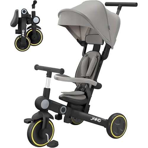 JMMD Baby Tricycle, 7-in-1 Multifunctional Kids Trike with Adjustable Parent Handle, Safety Harness & Wheel Brakes, Removable Canopy, Stroll Trike for Boys & Girls Ages 18 Months-5 Years, Black