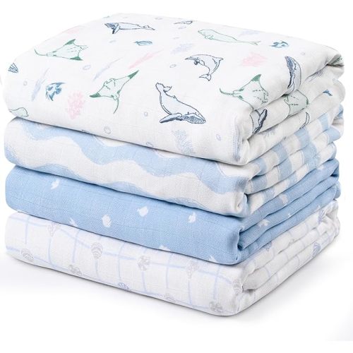 GLLQUEN BABY Muslin Swaddle Blankets 4-Pack Breathable Receiving Blankets (35" x 40") Soft Baby Blankets for Girls and Boys Newborn Essentials Muslin Burp Cloths Swaddle Wrap Baby Gift(Ocean Whimsy)
